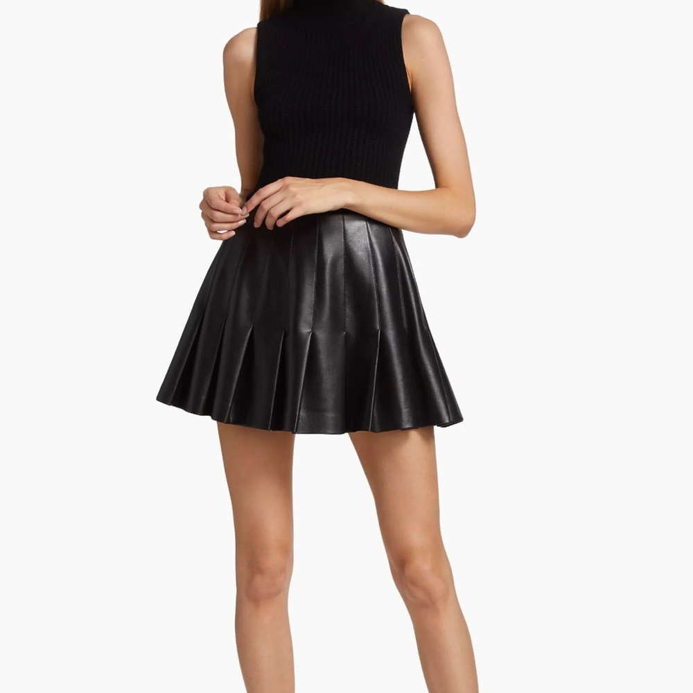 Alice + Olivia Black Vegan Leather Pleated Skirt